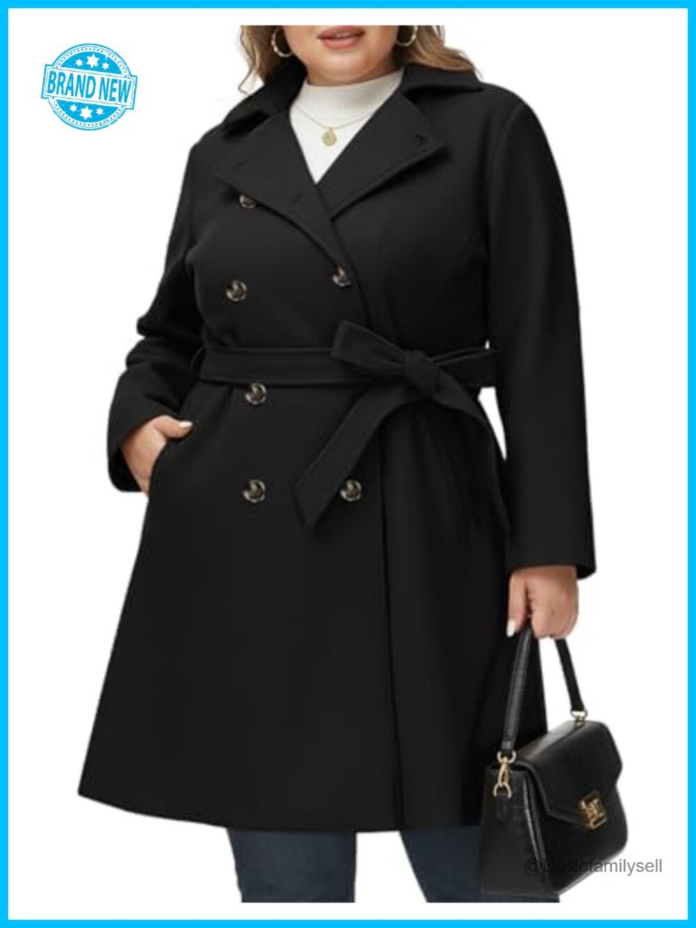 Plus Size Wool Blend Double Breasted Pea Coat with Belt